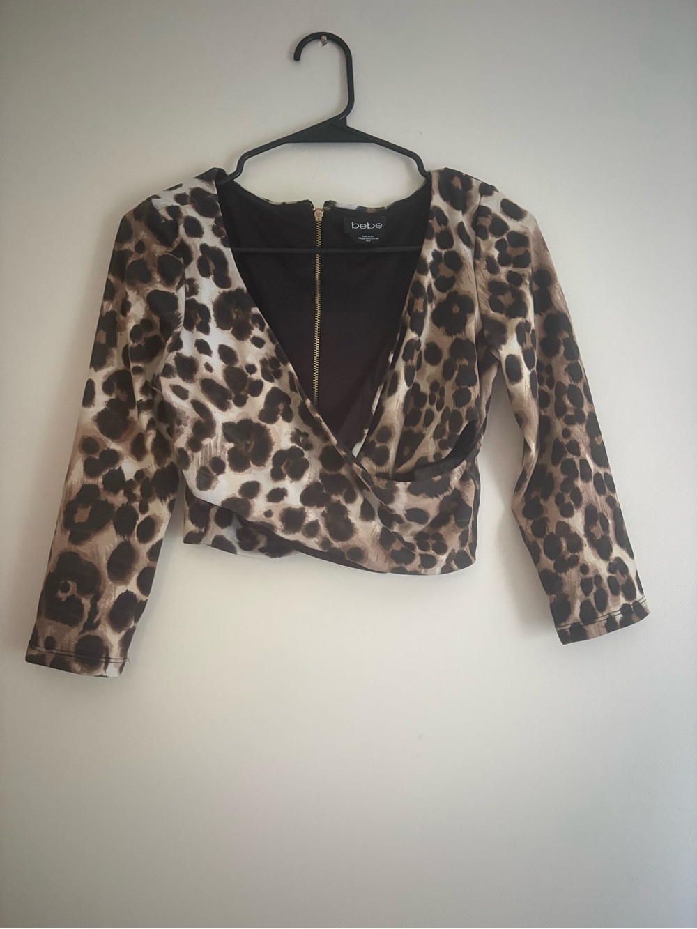 bebe Leopard Wrap Crop Top in Brown and Cream